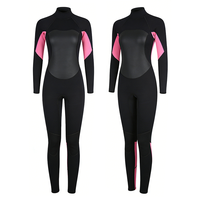 Wetsuit Wanita OEM Grosir 3mm Neoprene Bermotif, Full Zip untuk Surfing & Diving, Dilengkapi Pelindung Lutut, Logo Depan, Desain Color Block