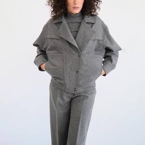 New Factory Custom Women's Fashion Casual Short <b>Jacket</b> Retro Grey Lapel Long Sleeve Oversized <b>Bomber</b> <b>Jacket</b> Wool Viscose - Product Image 1