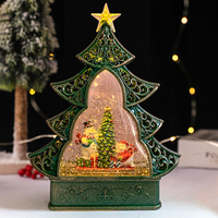 Linterna musical LED con forma de árbol de Navidad, diseño plano hueco, con escena de castillo y purpurina giratoria, adorno de mesa