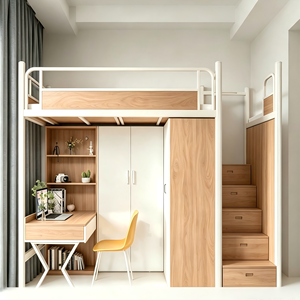 Dormitorio universitario moderno para estudiantes, cama <span class=keywords><strong>litera</strong></span> doble de metal y madera con mesa de estudio y escritorio - Product Image 1