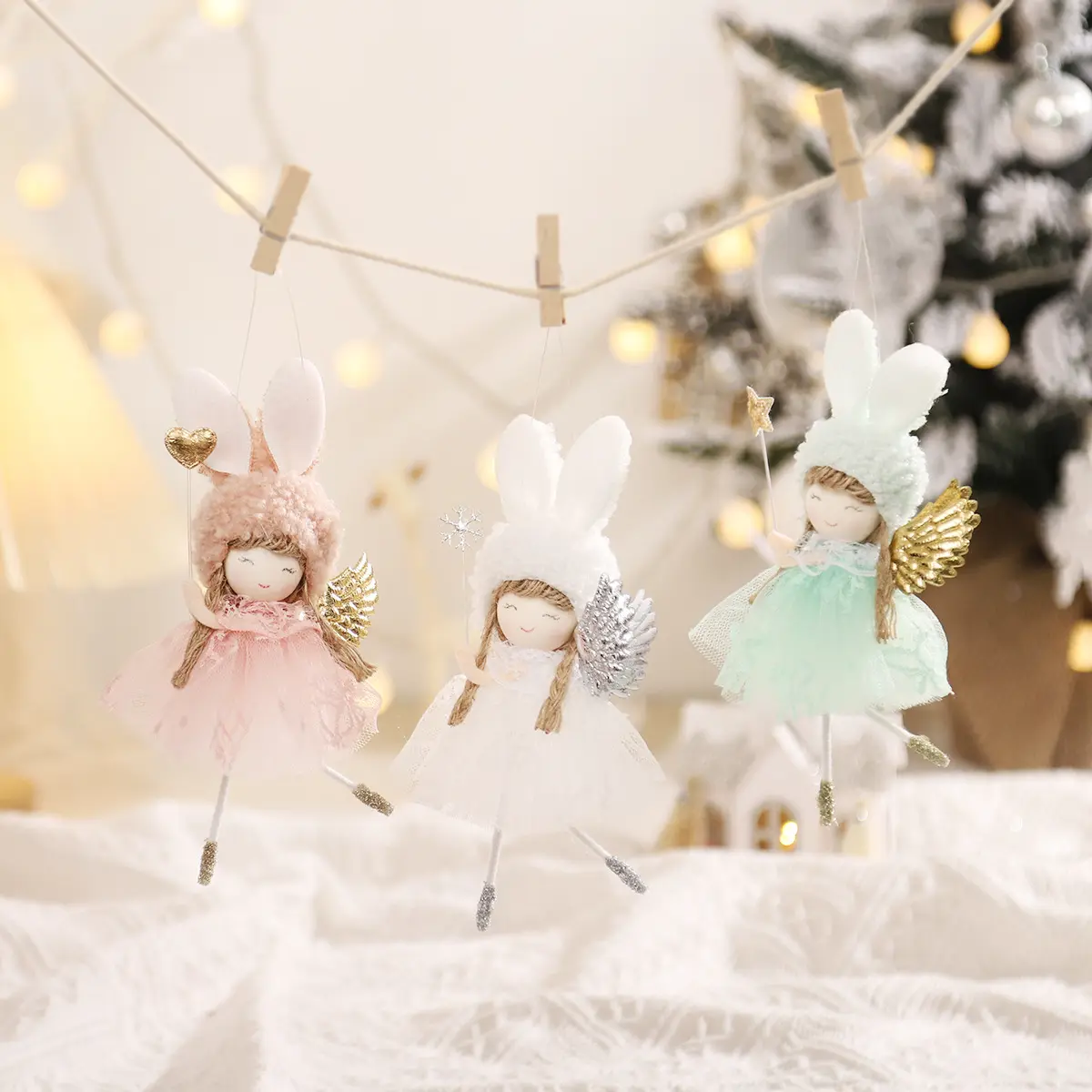 2023 ornamenti di ali d'angelo decorazioni natalizie con orecchie di coniglio giocattoli per ragazze albero di natale creativo set regalo con ciondolo albero appeso