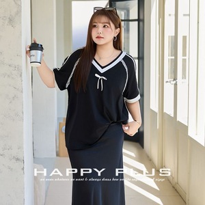Happy Plus <b>Lace</b> Bow V-Neck Loose T-Shirt <b>Black</b> White Plus Size Women Jersey <b>Top</b> N9280 - Product Image 3