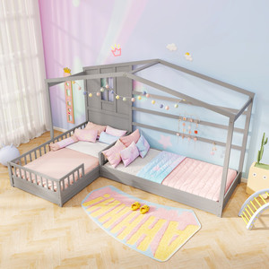 L-shaped <strong>Double</strong> Twin Children <strong>Beds</strong> House <strong>Platform</strong> <strong>Beds</strong> with Fences Corner <strong>Bed</strong> Frame Gray - Product Image 4