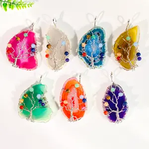 Natural Irregular Colorful Sliver Wire Wrapped Tree Of Life Agate Slice 7 Chakra Pendant For Women Necklace