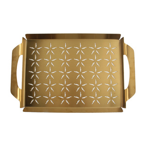 Plateau rectangulaire en métal doré antique avec poignées - Plateau de service décoratif moderne et écologique, passe au lave-vaisselle - Product Image 2