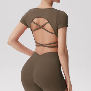 <span class=keywords><strong>T</strong></span>-shirt de yoga léger et doux comme du beurre, coupe ajustée, respirant, manches courtes, hauts courts sans dos pour femmes, hauts d'entraînement à fort impact - Product Image 5