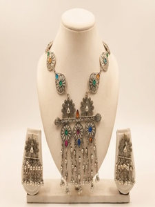 DIVYORO Ornate Oxidized Silver <b>Statement</b> <b>Necklace</b> with Multi Colored Teardrop Drops Vintage Bohemian Tribal Ethnic Fashion - Product Image 6