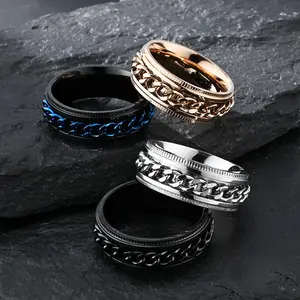 Fashion Gold Plated Stainless Steel Zircon Fidget Spinning Ring Unisex Anti-anxiety Worry Rotating Spinner Ring