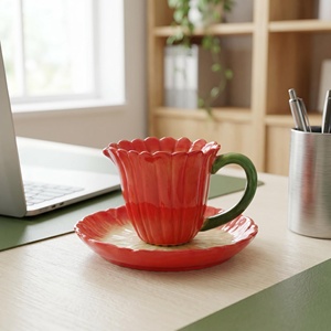 Juego de Taza y Platillo de Cerámica con Diseño de Flores Rojas en Degradado, Elegante Juego de Té de Porcelana Decorativa - Product Image 4