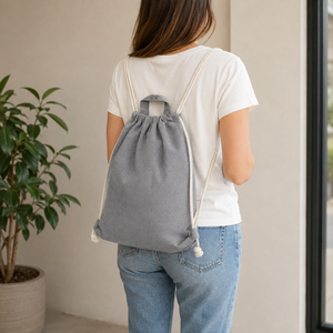 Recycled Cotton <b>Canvas</b> <b>Drawstring</b> Tote Backpack 225 GSM Grey <b>Bag</b> 38x41.5cm Custom Logo OEM Promotional Wholesale - Product Image 2