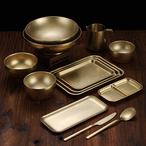Retro Snow Gold Plate 304 Stainless Steel Round Shallow Plate Industrial Style Tray Dinnerware Set Daily Use - Product Image 1