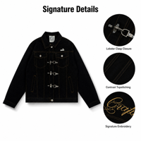 Veste Trucker Homme Personnalisée en Jean Noir avec Fermeture à Boucle Style Pompier, Vêtement de Travail Vintage, Streetwear, Style Rétro, OEM ODM Marque Privée