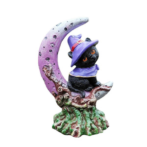 Estatua mágica de decoración del hogar para Halloween, artesanía de resina, media luna, gato, bruja - Product Image 1