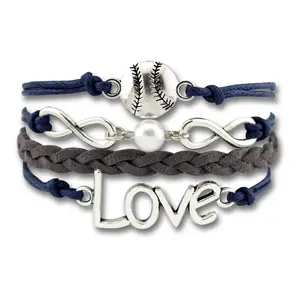 Manufacturer Infinity Love All Stars Baseball Mom Charm Leather Wrap Men Baseball Bracelets for Women