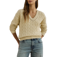 Pull en maille torsadée 100 % coton pour femme, col en V, style décontracté et preppy, couleur unie, haute qualité, élégant, pour le quotidien, vente en gros