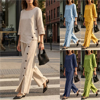 Ensemble décontracté femme 2026 : chemise en lin mélangé et pantalon large, tenue deux pièces boutonnée à ourlet irrégulier pour printemps-été