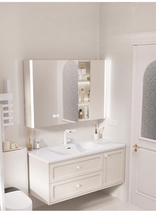 Nouvelle armoire de salle de bain style crème, lavabo intégré en céramique ardoise de luxe, meuble de rangement intelligent en bois massif - Product Image 5