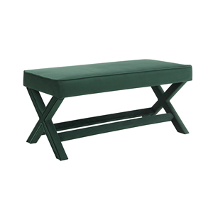 Velvet Green Upholstered <b>Bench</b> with X-Crossed Legs Comfort <b>Cushion</b> Pouf - Product Image 4