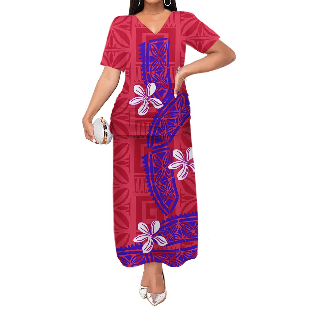 Hawaiian Tropical Flower Print Island Dress Samoan Puletasi V Neck Frill Trim Women Tops And Maxi Skirts Pacific Heritage