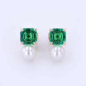 Asscher Cut Lab <b>Emerald</b> <b>Stud</b> Earrings Freshwater Pearl Gold Earrings Vintage Green White Pair Jewelry - Product Image 1