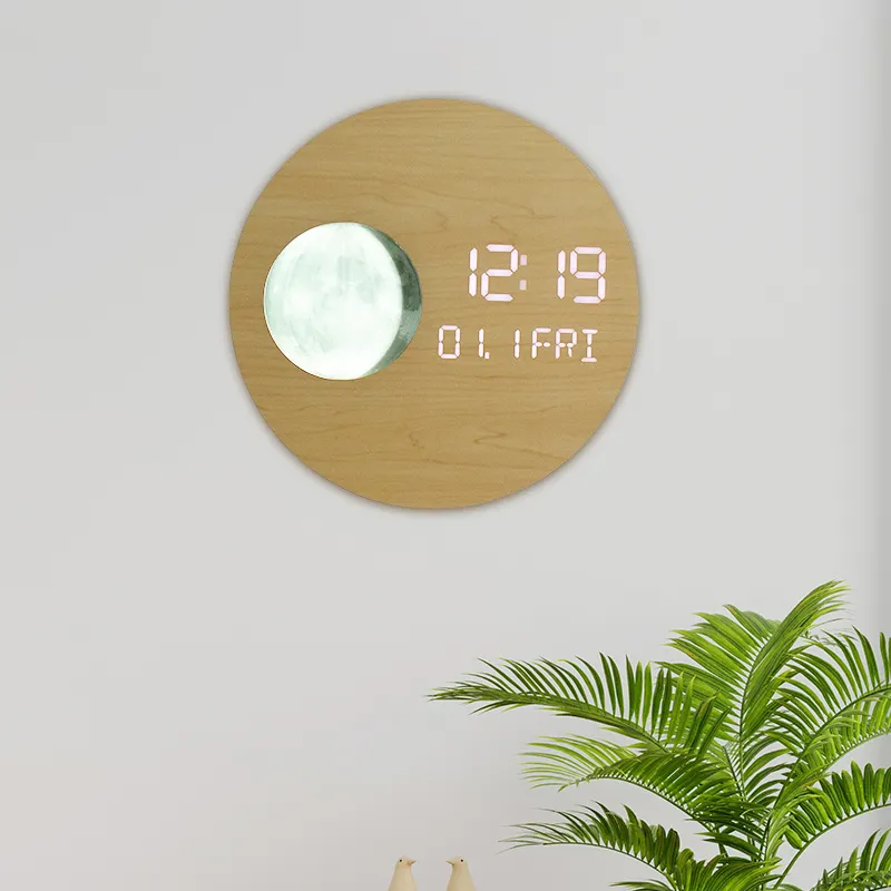 EMAF New large 12 inch luxury LED simulation Moon Phases wooden digital LED wall clock minimalist decorative modern wall clock