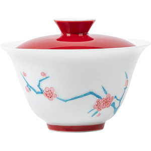 Guanlan Double Layered Covered <b>Teacup</b> Red Glaze Porcelain Plum Blossom Design Gaiwan For Kung Fu Tea Set - Product Image 5
