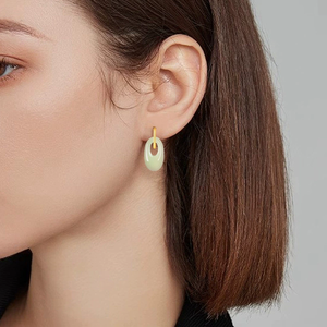 Authentic S925 Sterling <b>Silver</b> Ethnic 18K Gold Plated Earrings Natural Hetian Jade Qing Jade Elegant Stylish Women's Pendant Ear - Product Image 4