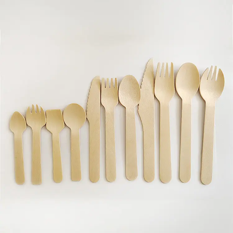 Eco Friendly Biodegradable Compostable Wooden Utensils Recyclable Cutlery Set Includes Disposable Wooden Knife Fork Spoon Set
