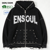 Sweat à capuche zippé surdimensionné pour homme en coton épais 100% délavé et vieilli, avec imprimé craquelé et détails rivets, style streetwear personnalisé