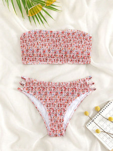 Costume da bagno da donna blu con stampa floreale, sexy, con reggiseno imbottito a fascia e <span class=keywords><strong>perizoma</strong></span> alto, bikini 2 pezzi, costume da bagno estivo senza schienale per la spiaggia - Product Image 6