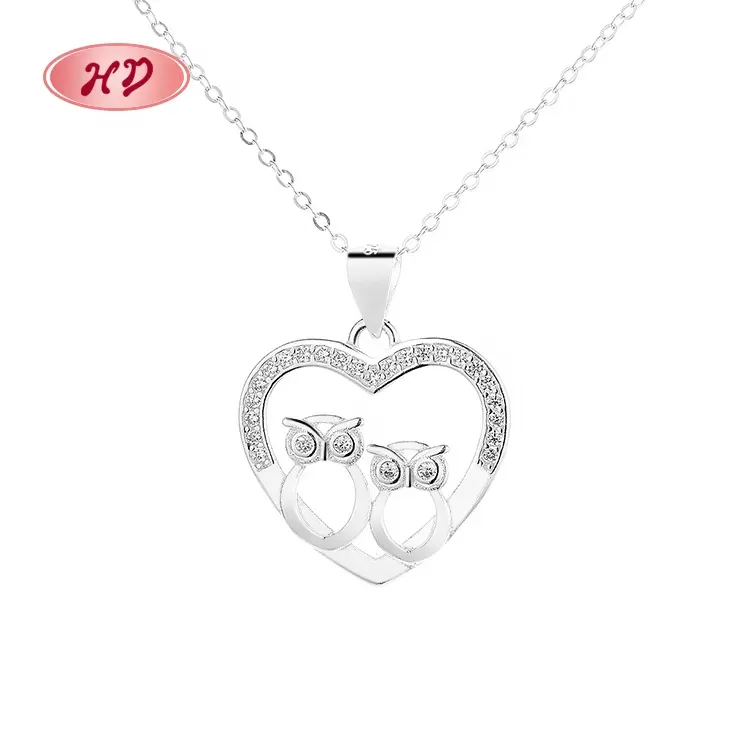 925 Sterling Silver Love Heart Owl Twins ciondolo Cubic Zirconia collane di gioielli all'ingrosso donne