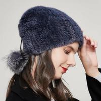 Bonnet d'hiver en fourrure de vison véritable pour femme, tricoté, avec oreilles en peluche de renard, queue de cheval, personnalisable, pour le voyage