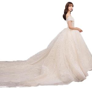 Dreamy Starry Sky Wedding Dress Off Shoulder Sweetheart Neckline Ball Gown High Waist Radiant Taffeta Beading Train Gown - Product Image 5