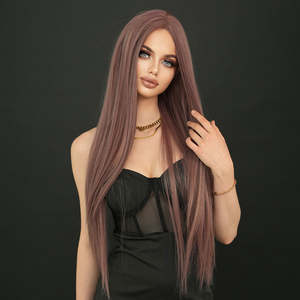 Prix de gros : Perruque synthétique de 32 pouces, <span class=keywords><strong>cheveux</strong></span> longs et raides sans <span class=keywords><strong>frange</strong></span>, perruque marron violet à raie centrale - Product Image 1