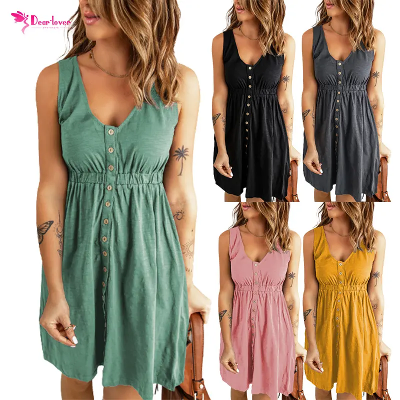 Wholesale Fashion Boutique Clothing Buttons Women Dresses Casual Sexy Sleeveless High Waist Mini Summer Dress