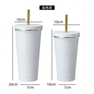 500ml/750ml White Colors with Gold Rim <b>Double</b> <b>Wall</b> Insulated Stainless Steel Sippy Straw Tumbler - Product Image 1