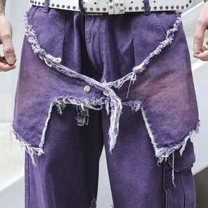 بنطلون جينز رجالي مخصص بتصميم Y2K ممزق ومغسول، سروال فضفاض بقطع مرقعة وحواف مهترئة، ملابس الشارع للرجال - Product Image 3