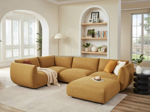 Sofá Modular Curvo <span class=keywords><strong>Cary</strong></span> Tapizado en Amarillo Mostaza con Reposabrazos Redondeados, Muebles Modernos para Sala de Estar - Product Image 2