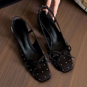 Sandalias de Tacón Alto con Punta en Pico y Tira Trasera con Lazo de Satén Negro para Mujer, Tacón Grueso, Elegantes para Fiesta - Product Image 2
