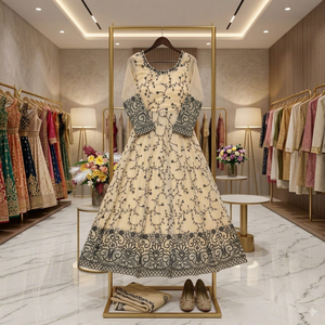Robe midi en coton brodée crème avec motif floral noir, vêtements traditionnels indiens et pakistanais pour femmes, coupe régulière, toutes saisons - Product Image 1