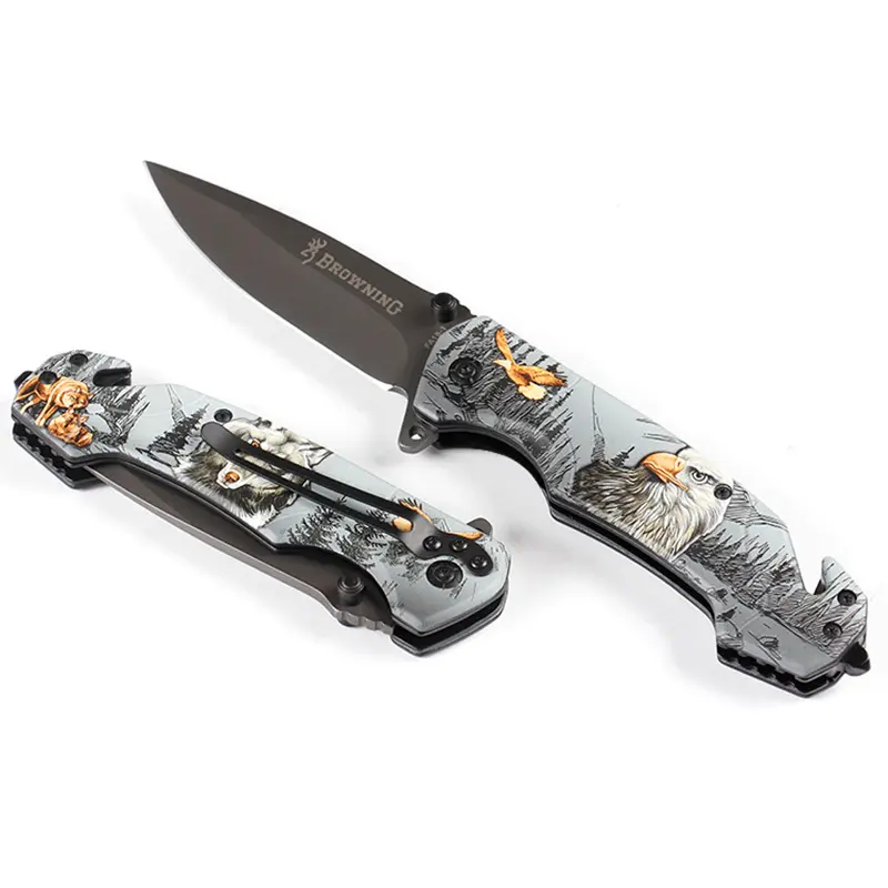 Cuchillo de bolsillo táctico de acero inoxidable para acampada, cuchillo plegable con logotipo personalizado 3D para exteriores