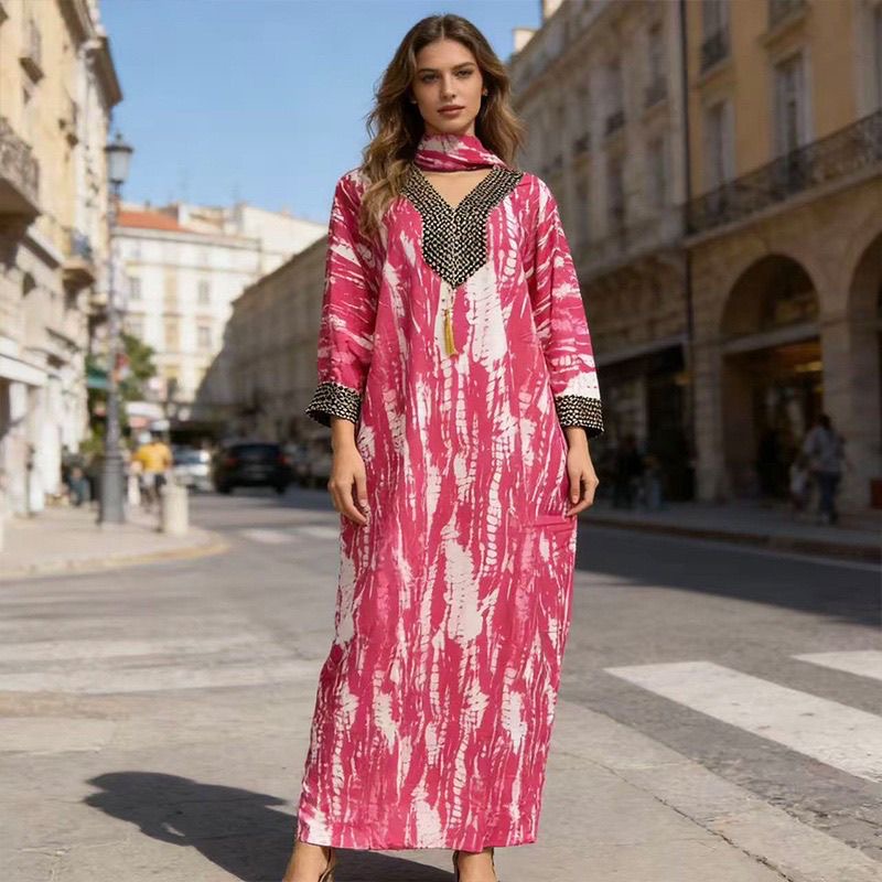 2026 New Fashionable Plus Size Casual Handmade Mousse Robe with Lace Patch Ankle Length V-neck Dress, Suitable for Autumn Women