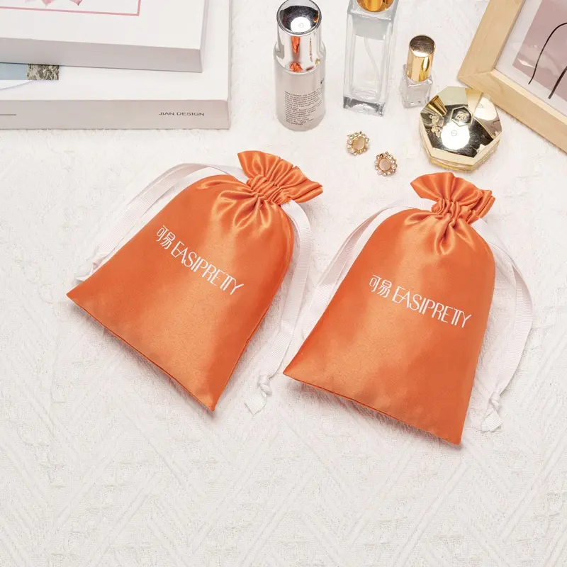 Sacos de embalagem para presentes de doces com cordão de organza de cetim com logotipo personalizado para presente de casamento