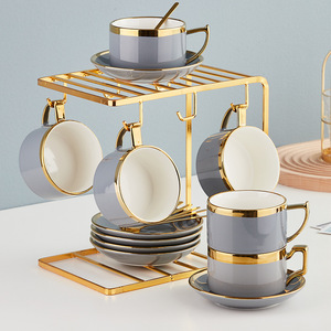 Tasse et assiette à thé au lait en porcelaine de luxe de 240ml en gros ensembles de tasses à café en céramique avec logo personnalisé tasse à cappuccino et soucoupe avec bord doré - Product Image 5