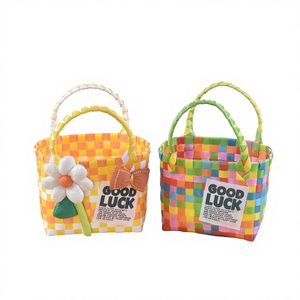 New Style Open Plastic Woven Strapless Bag <strong>Small</strong> Square Women's Handbag Gift <strong>Basket</strong> Children's Bag with Knitted Patchwork - Product Image 1