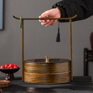 Bamboo Multi Layer Food <b>Box</b> Round Distressed <b>Vintage</b> Color Portable Carrying Case For Hotels Guesthouses Teahouses Outdoor Use - Product Image 3