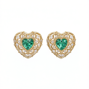 Orecchini a cuore bianchi champagne con gemma verde, montatura a castone in oro 18 carati, gioielli romantici da sposa per donna - Product Image 1