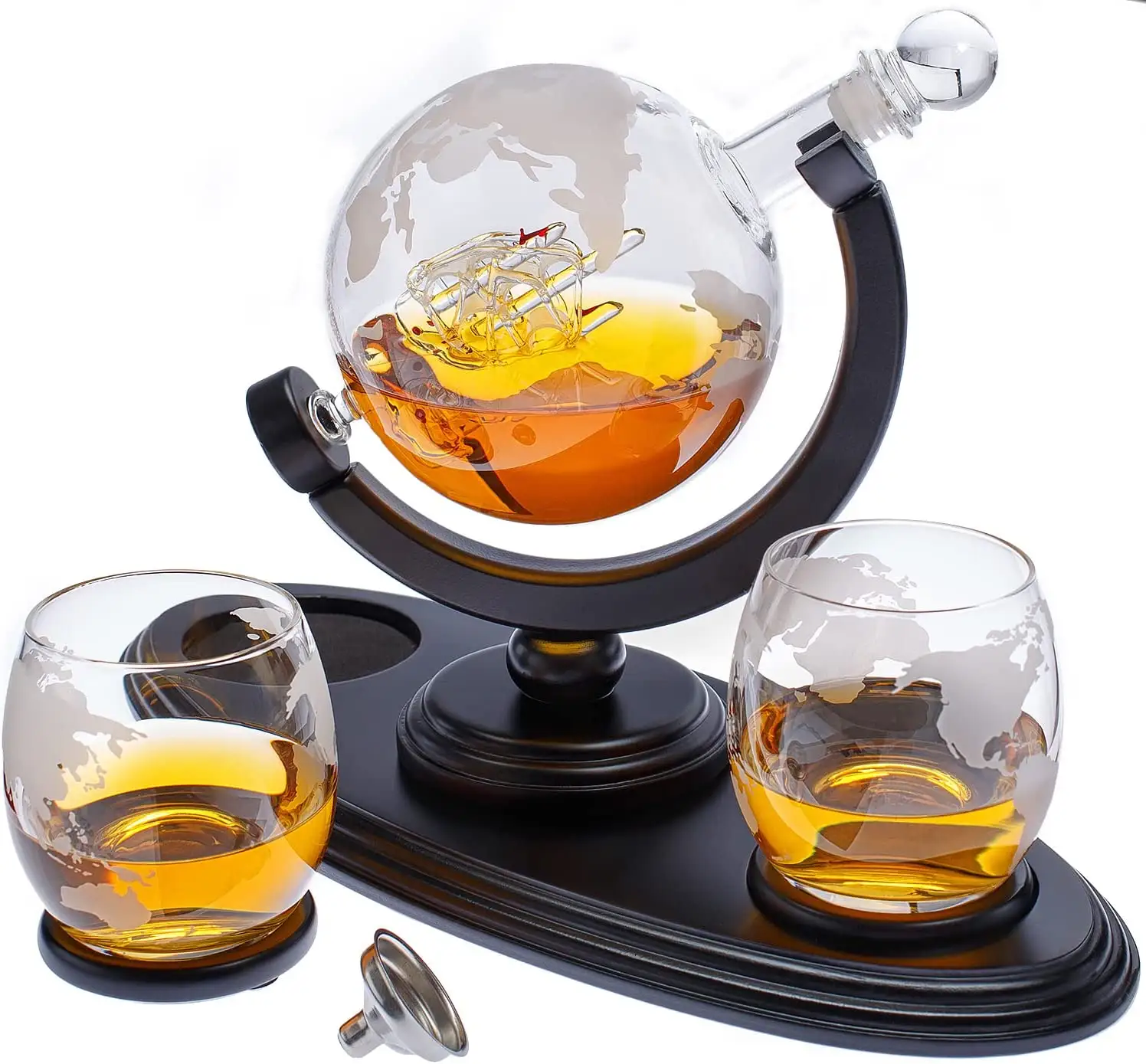 Etched Globe Whiskey Decanter Set With 2 Whiskey Glasses,Whiskey Dispenser for Liquor Scotch Bourbon Vodka 850ml