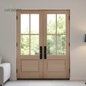 住宅入口用ガラスパネル付きカスタム防音木製外装ドア マホガニー、オーク、パイン無垢材製フロントダブルドア - Product Image 1