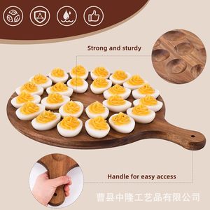 Bandeja de madera redonda para huevos con asa, tabla de quesos de madera de acacia, soporte colgante para huevos - Product Image 5